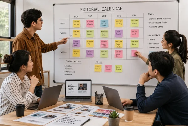 Tim kreatif berdiskusi menyusun strategi content marketing di depan editorial calendar dengan catatan tempel, laptop, dan mockup artikel