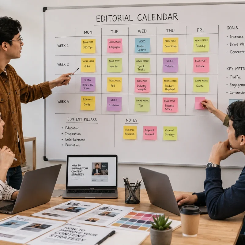 Tim kreatif berdiskusi menyusun strategi content marketing di depan editorial calendar dengan catatan tempel, laptop, dan mockup artikel