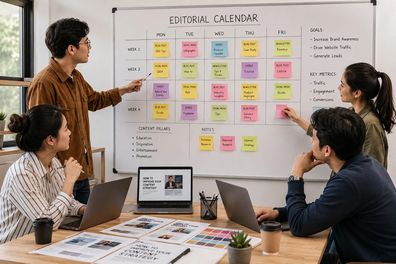 Tim kreatif berdiskusi menyusun strategi content marketing di depan editorial calendar dengan catatan tempel, laptop, dan mockup artikel
