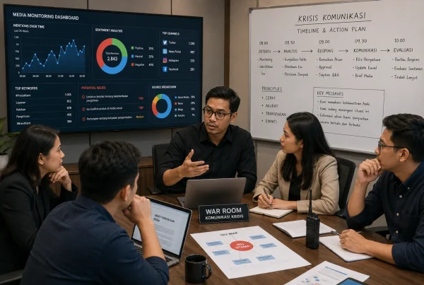 Tim komunikasi korporat berdiskusi dalam war room dengan layar media monitoring dan timeline penanganan krisis di papan tulis