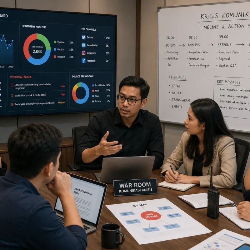 Tim komunikasi korporat berdiskusi dalam war room dengan layar media monitoring dan timeline penanganan krisis di papan tulis