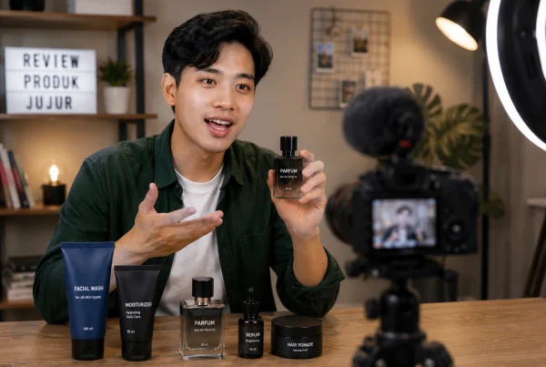 Kreator konten merekam video ulasan parfum dengan kamera, ring light, dan produk perawatan di meja