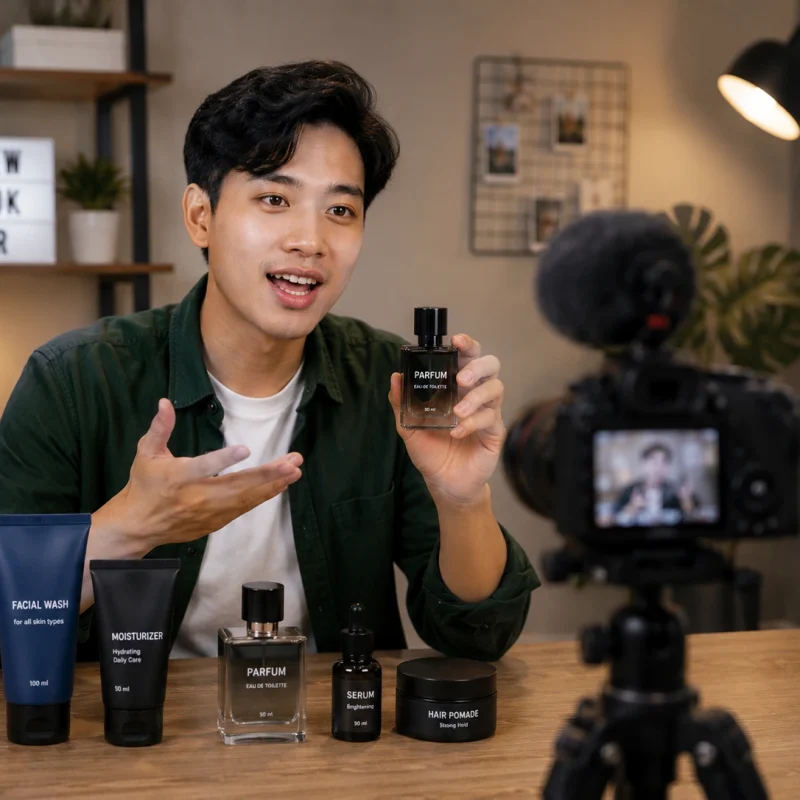 Kreator konten merekam video ulasan parfum dengan kamera, ring light, dan produk perawatan di meja