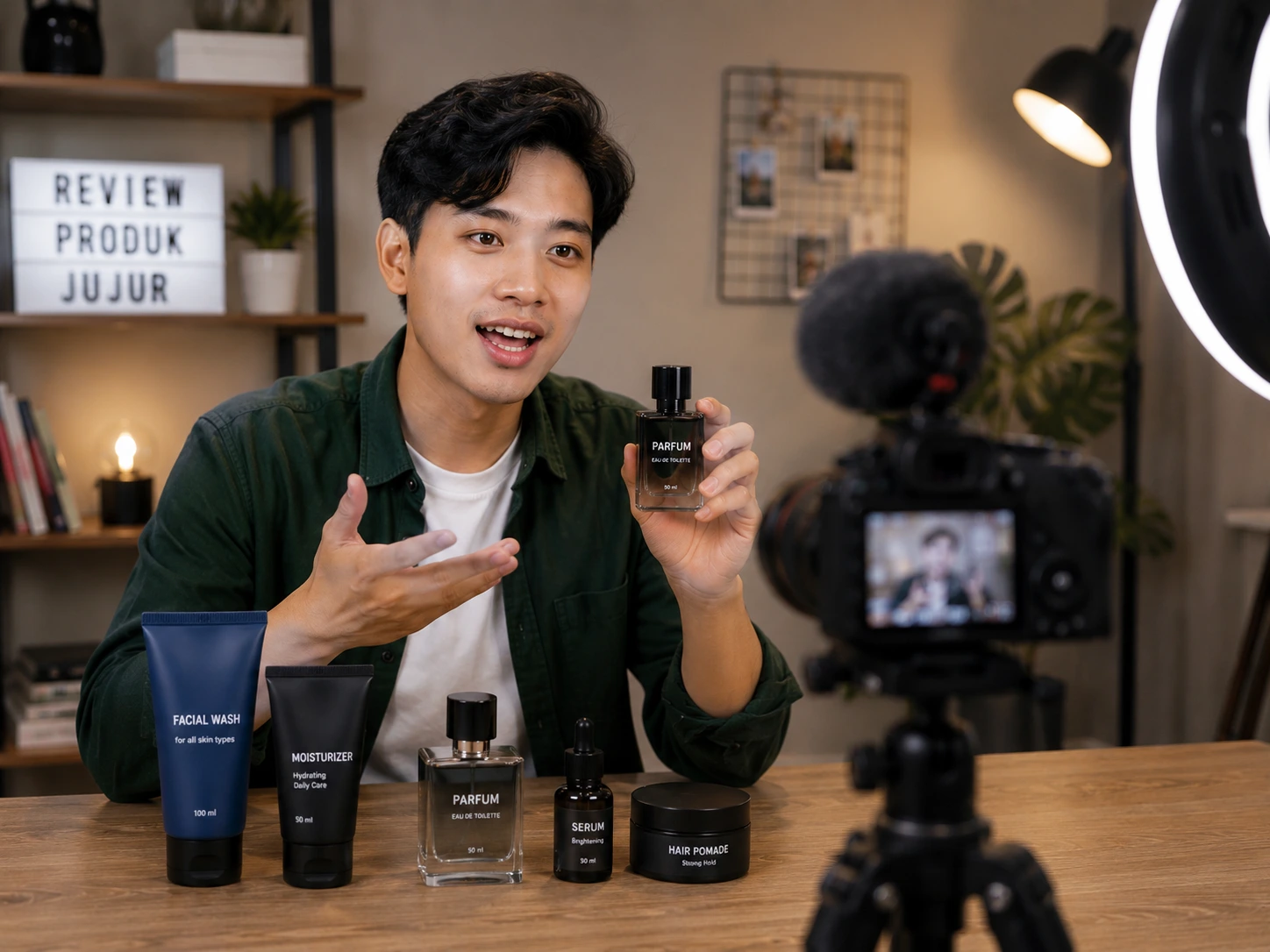 Kreator konten merekam video ulasan parfum dengan kamera, ring light, dan produk perawatan di meja