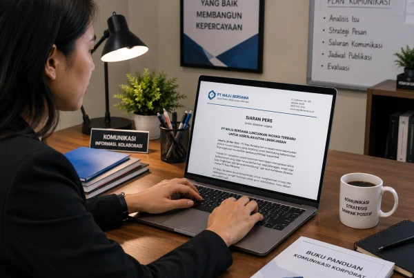 Staf komunikasi mengetik press release di laptop dengan kop surat perusahaan dan secangkir kopi di meja kerja