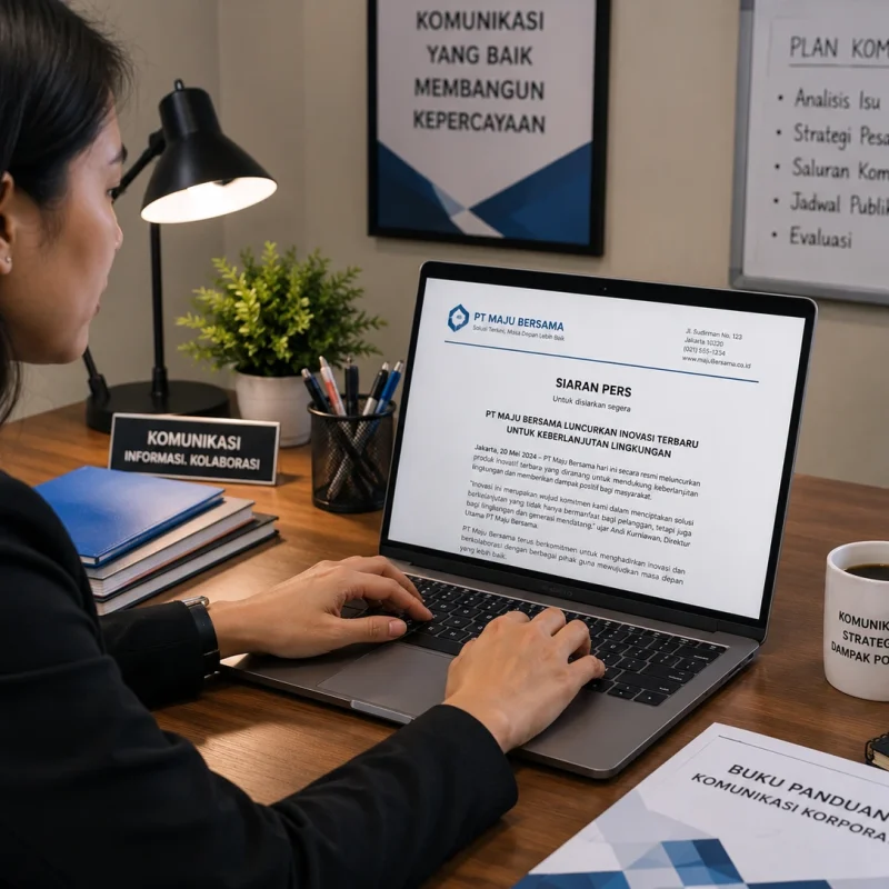 Staf komunikasi mengetik press release di laptop dengan kop surat perusahaan dan secangkir kopi di meja kerja