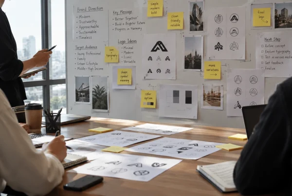 Tim kreatif berdiskusi menyusun strategi branding dan mengembangkan konsep logo melalui sketsa, moodboard, dan catatan ide di ruang kerja.
