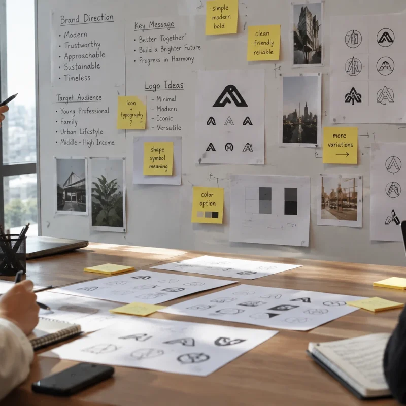 Tim kreatif berdiskusi menyusun strategi branding dan mengembangkan konsep logo melalui sketsa, moodboard, dan catatan ide di ruang kerja.