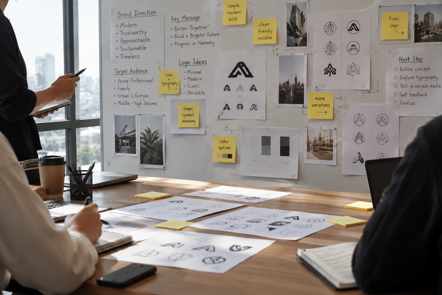 Tim kreatif berdiskusi menyusun strategi branding dan mengembangkan konsep logo melalui sketsa, moodboard, dan catatan ide di ruang kerja.