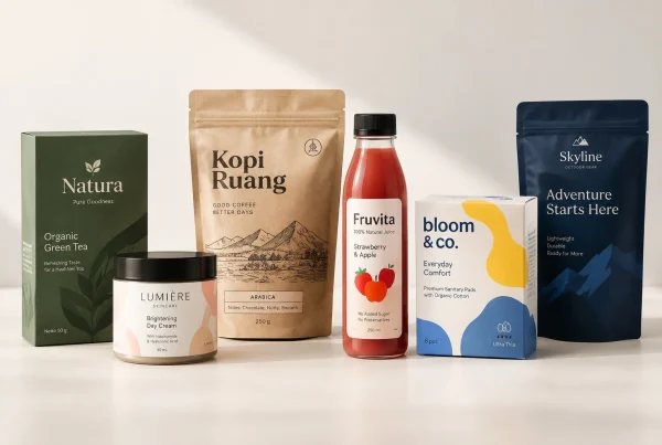Beragam kemasan produk dengan perbedaan warna, tipografi, dan elemen identitas visual brand.