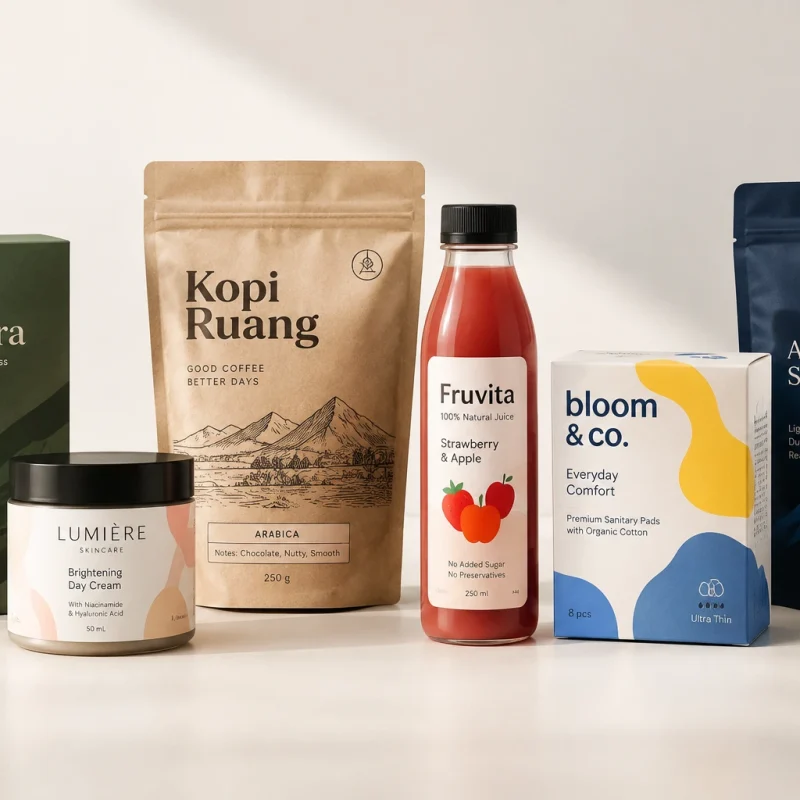 Beragam kemasan produk dengan perbedaan warna, tipografi, dan elemen identitas visual brand.