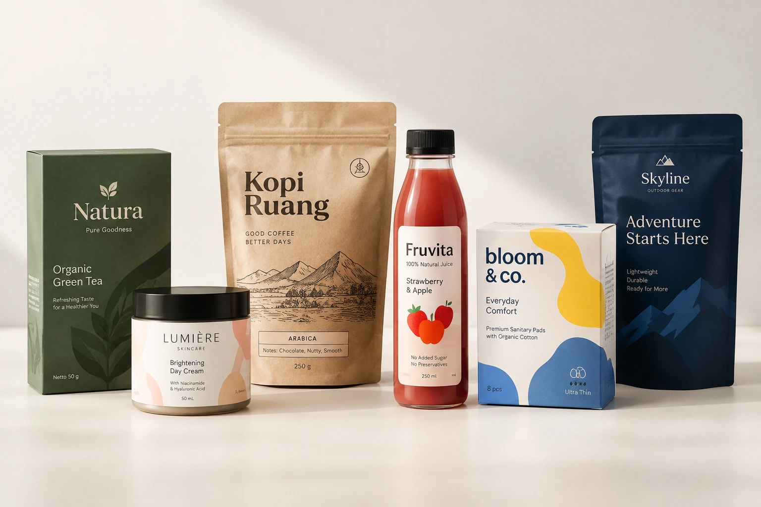 Beragam kemasan produk dengan perbedaan warna, tipografi, dan elemen identitas visual brand.