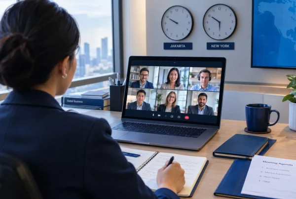 Profesional mengikuti rapat bisnis lintas negara melalui video conference dengan beberapa peserta, catatan kerja, dan dua zona waktu dalam suasana kantor modern.