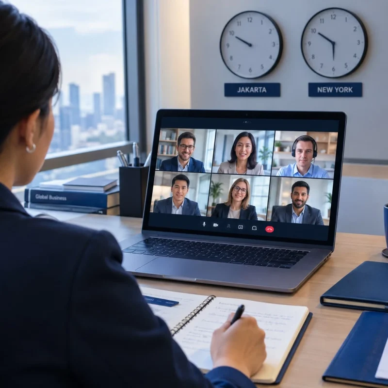 Profesional mengikuti rapat bisnis lintas negara melalui video conference dengan beberapa peserta, catatan kerja, dan dua zona waktu dalam suasana kantor modern.