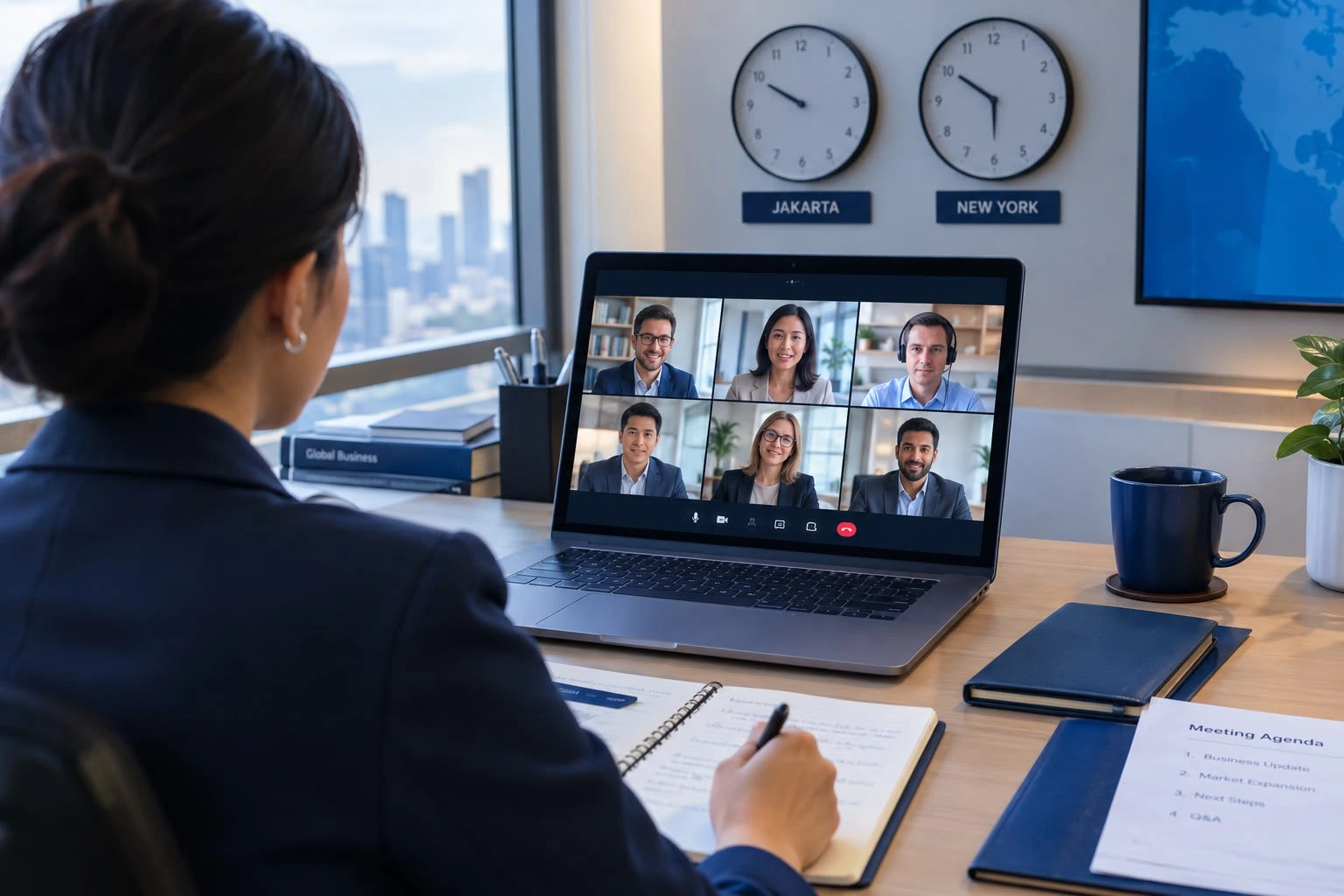 Profesional mengikuti rapat bisnis lintas negara melalui video conference dengan beberapa peserta, catatan kerja, dan dua zona waktu dalam suasana kantor modern.